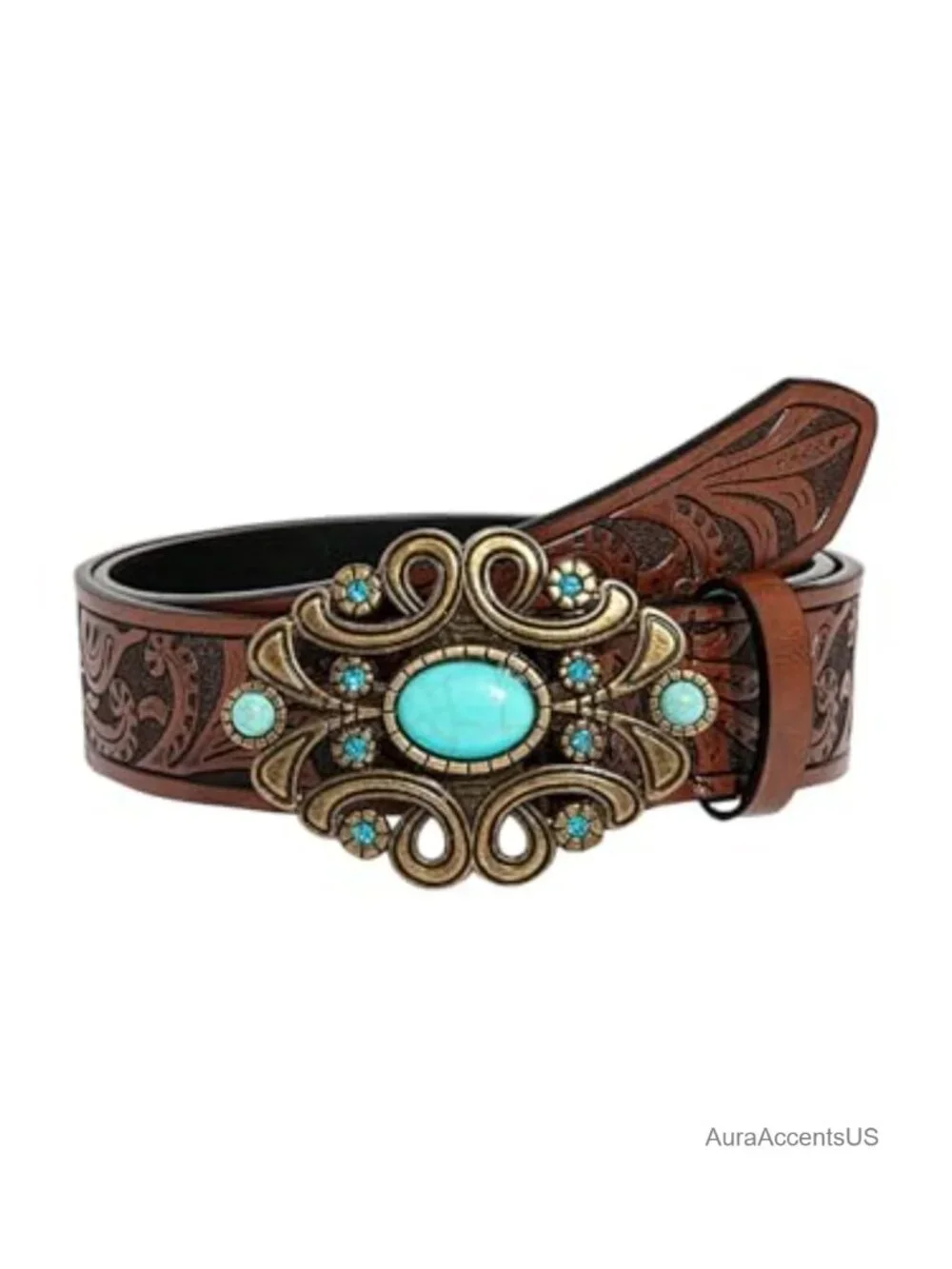 Faux Leather Embossed Western Cowgirl Belt Ornate Turquoise Buckle
